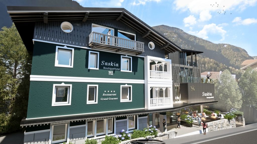 Rendering del Boutique Hotel Saskia a Ortisei con facciata verde scuro, balconi bianchi in legno e montagne sullo sfondo