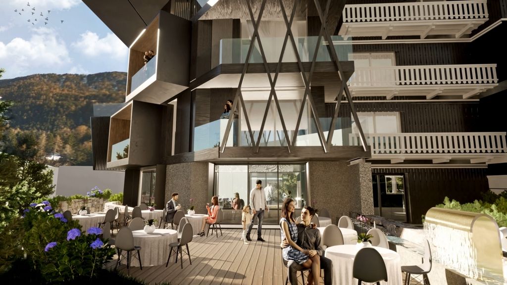 Rendering della terrazza del ristorante del Boutique Hotel Saskia davanti alla facciata in vetro e legno con vista sulle montagne