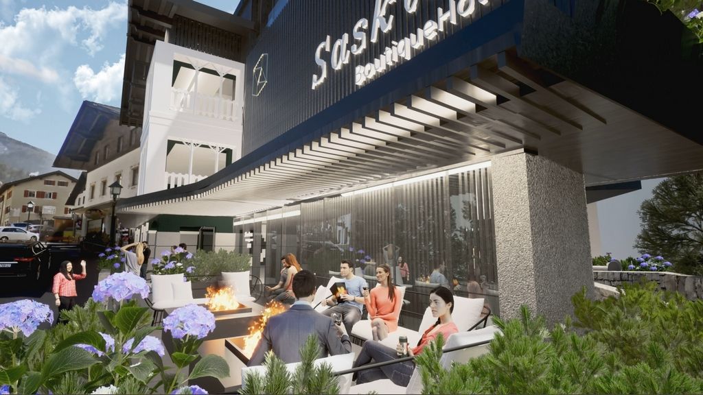 Rendering della terrazza lounge con braciere e ortensie sotto la pensilina del Boutique Hotel Saskia